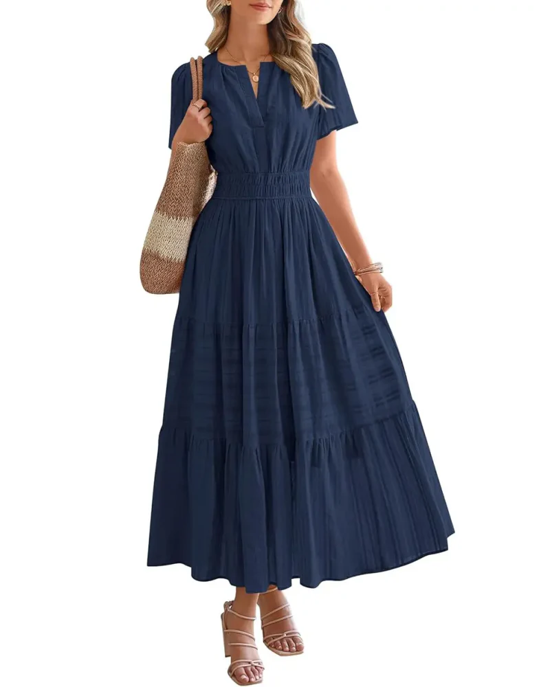 Womens Summer Lightweight Short Sleeve V Casual Midi Maxi Dresses - Image 17