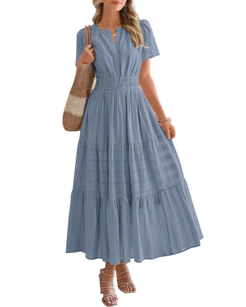 Womens Summer Lightweight Short Sleeve V Casual Midi Maxi Dresses - Image 21