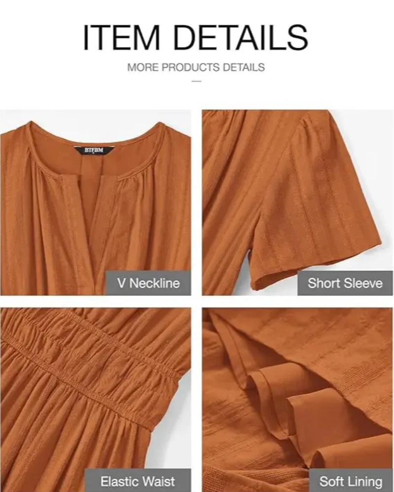 Womens Summer Lightweight Short Sleeve V Casual Midi Maxi Dresses - Image 4