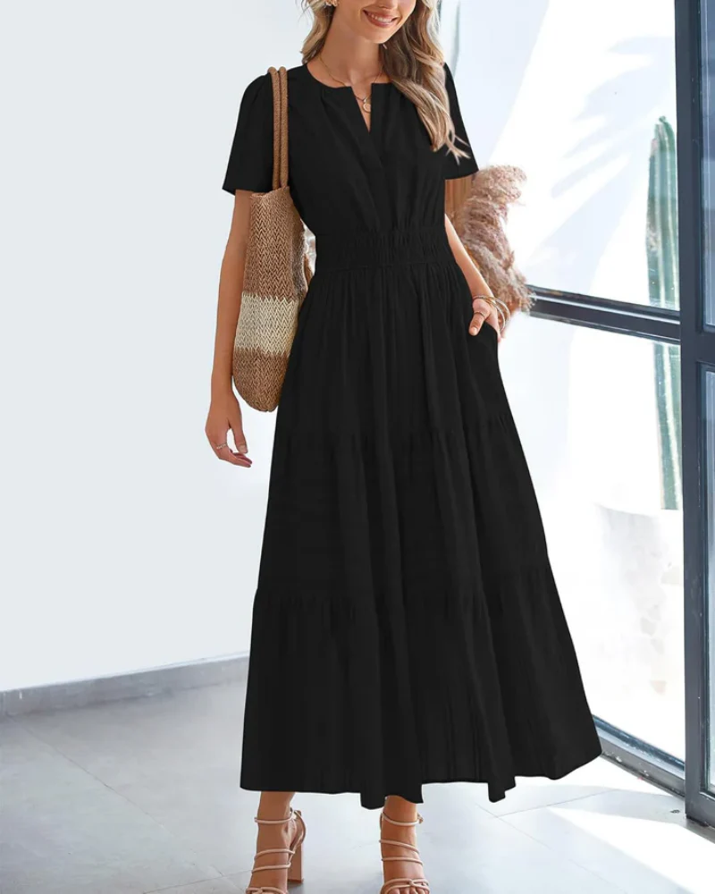 Womens Summer Lightweight Short Sleeve V Casual Midi Maxi Dresses - Image 6